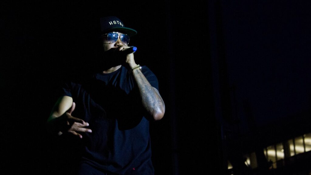 Nas performing live on stage holding a microphone