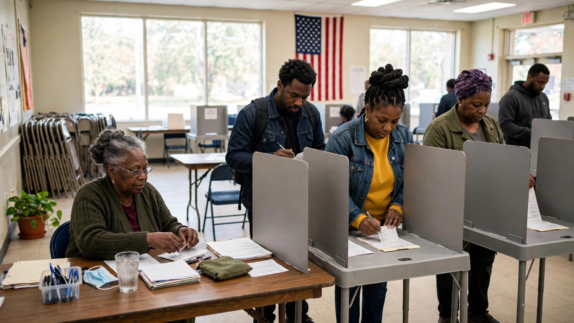 Black voters casting ballots at voting booths inside a Charlotte polling place