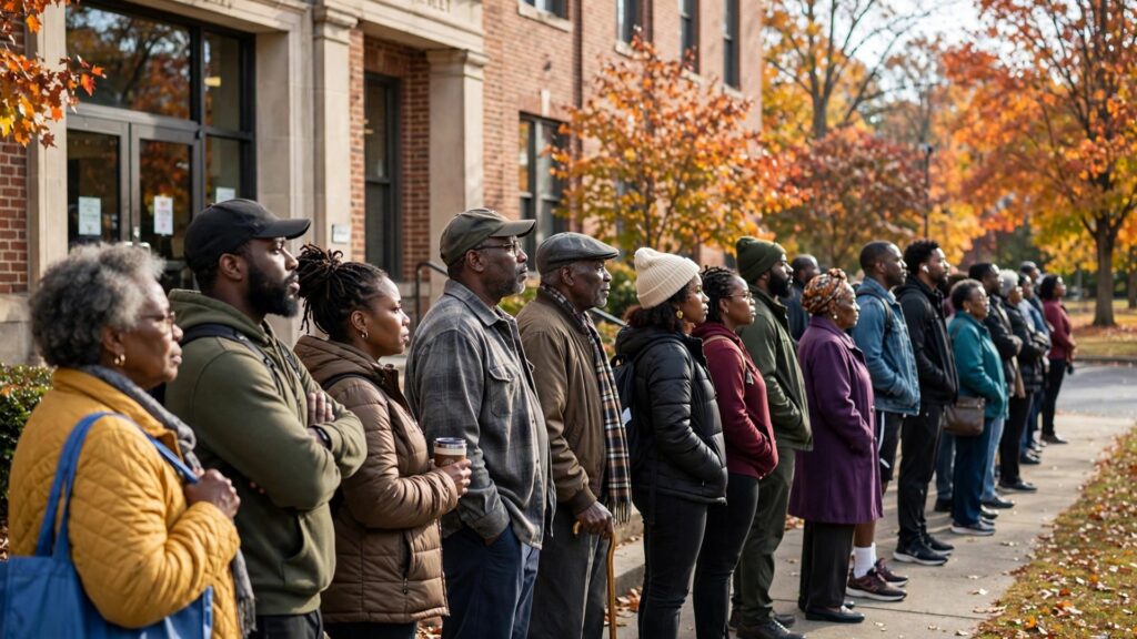 Black voters waiting in a long line outside a North Carolina early voting center