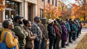 Black voters waiting in a long line outside a North Carolina early voting center