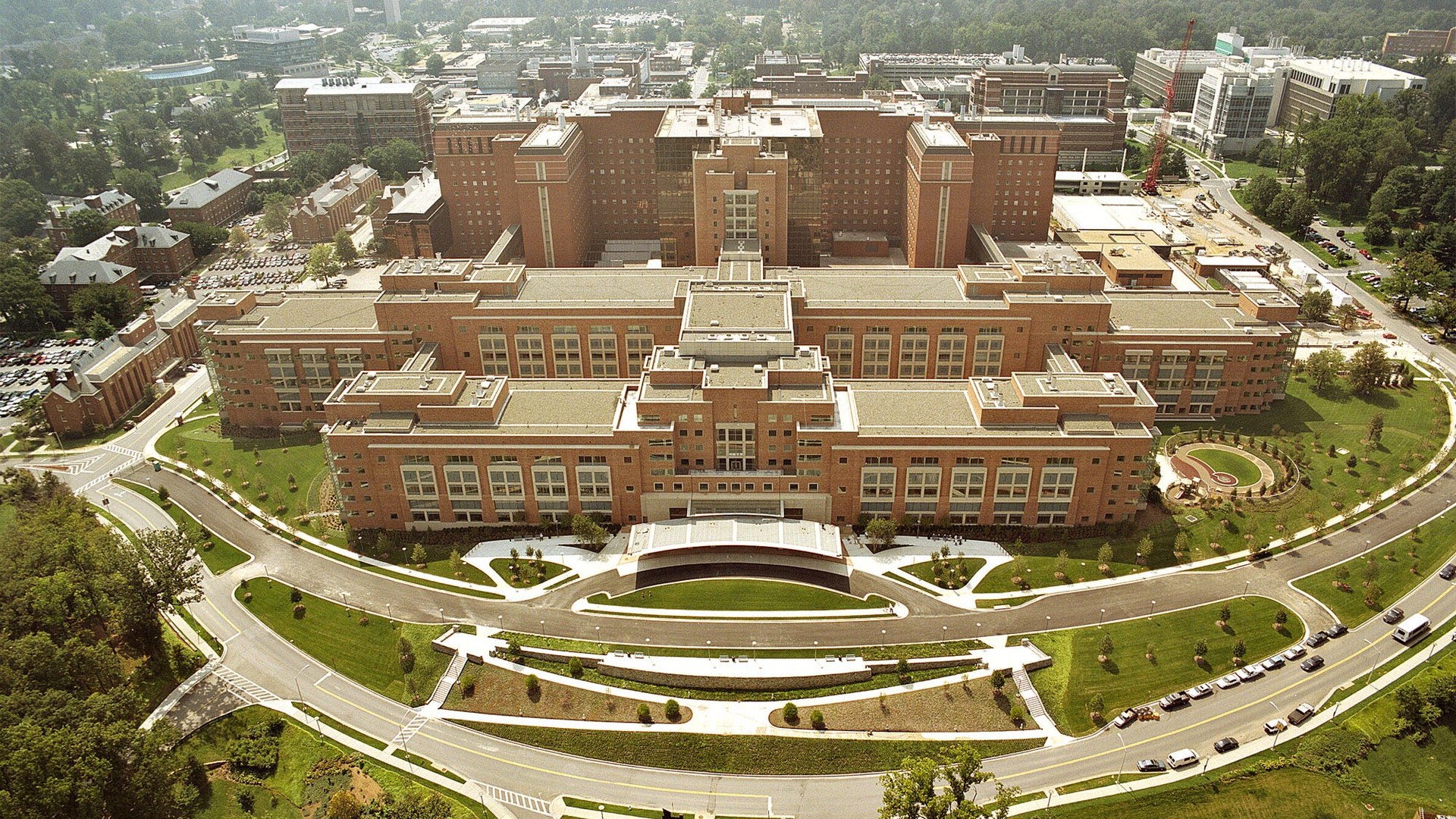 Aerial view of the National Institutes of Health clinical research center in Bethesda Maryland