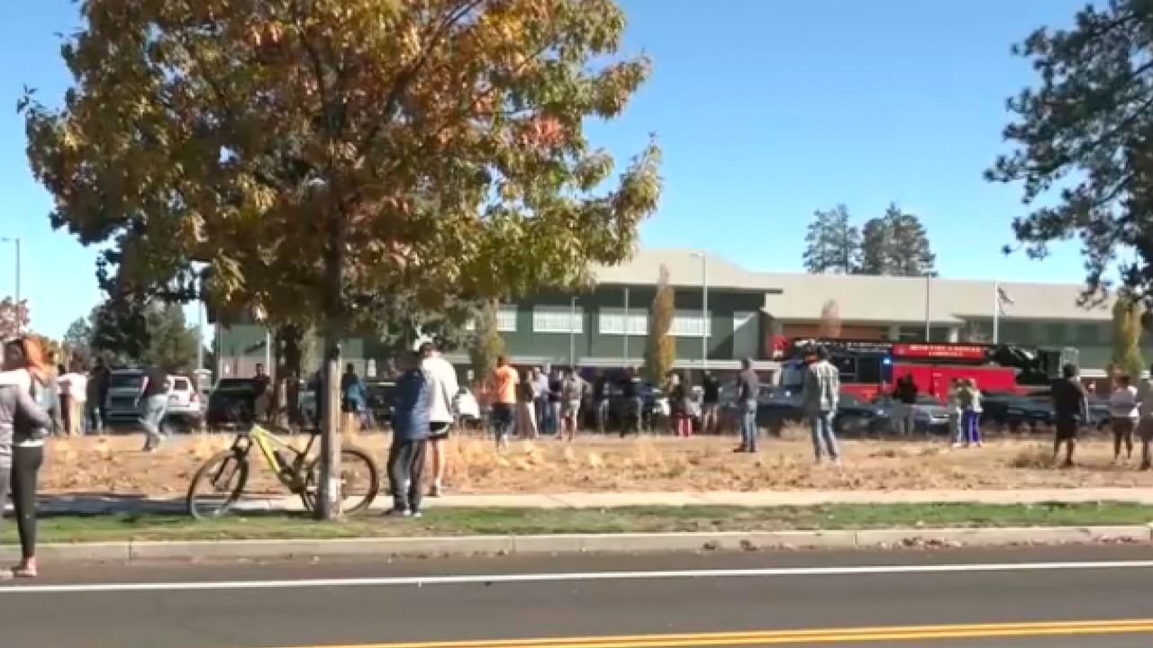 Crowd gathered outside Silver Rail Elementary School in Bend Oregon