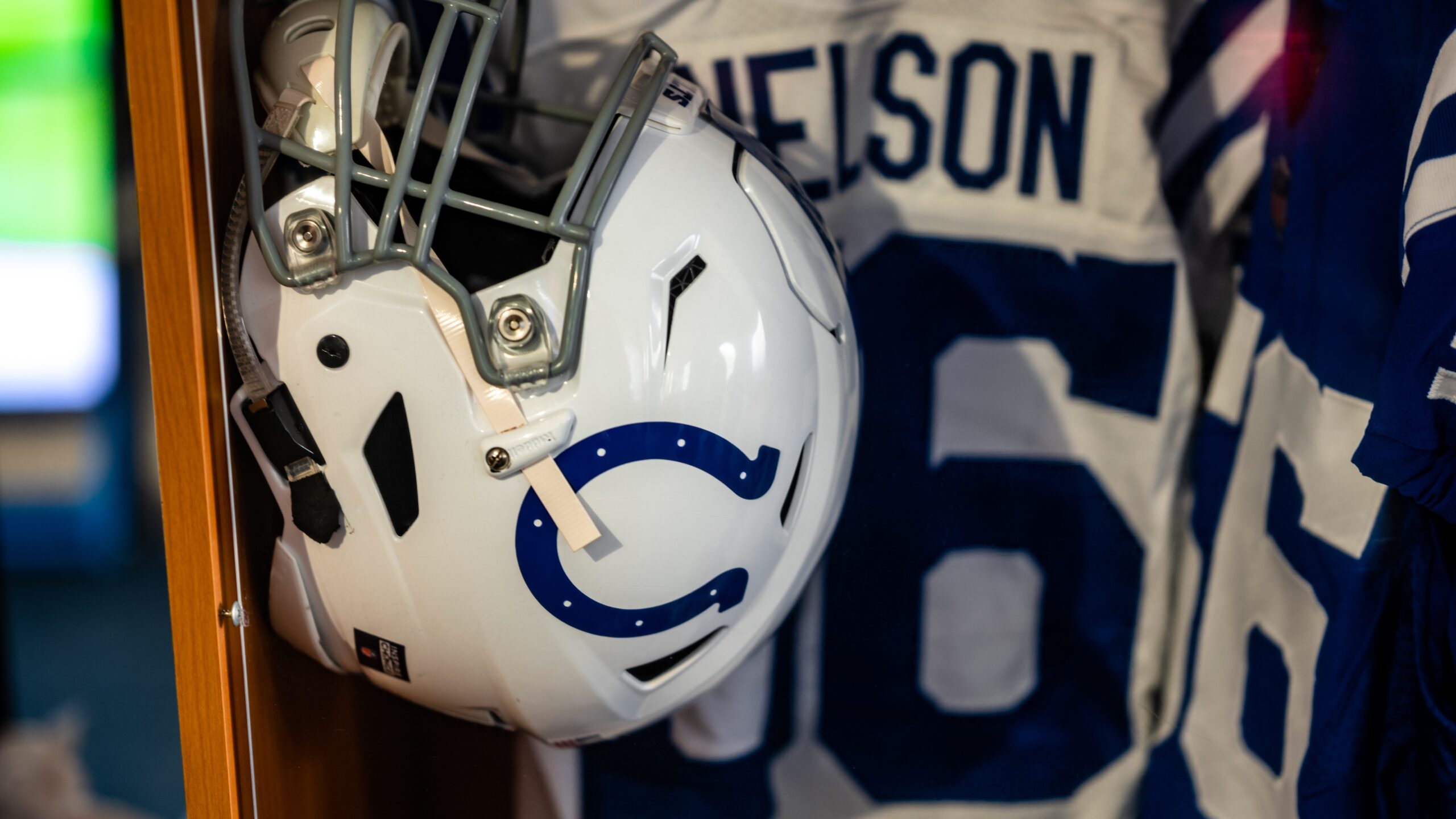 Quenton Nelson number 56 jersey and Indianapolis Colts helmet hanging in the locker room