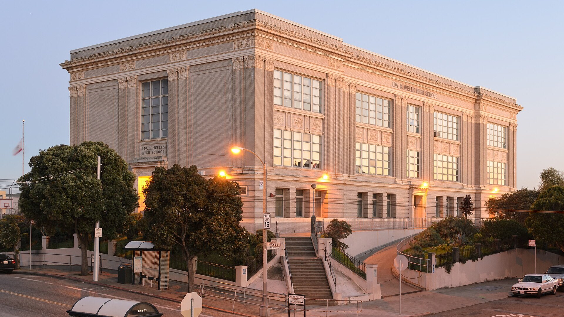 Historic Ida B Wells High School building in San Francisco at dusk