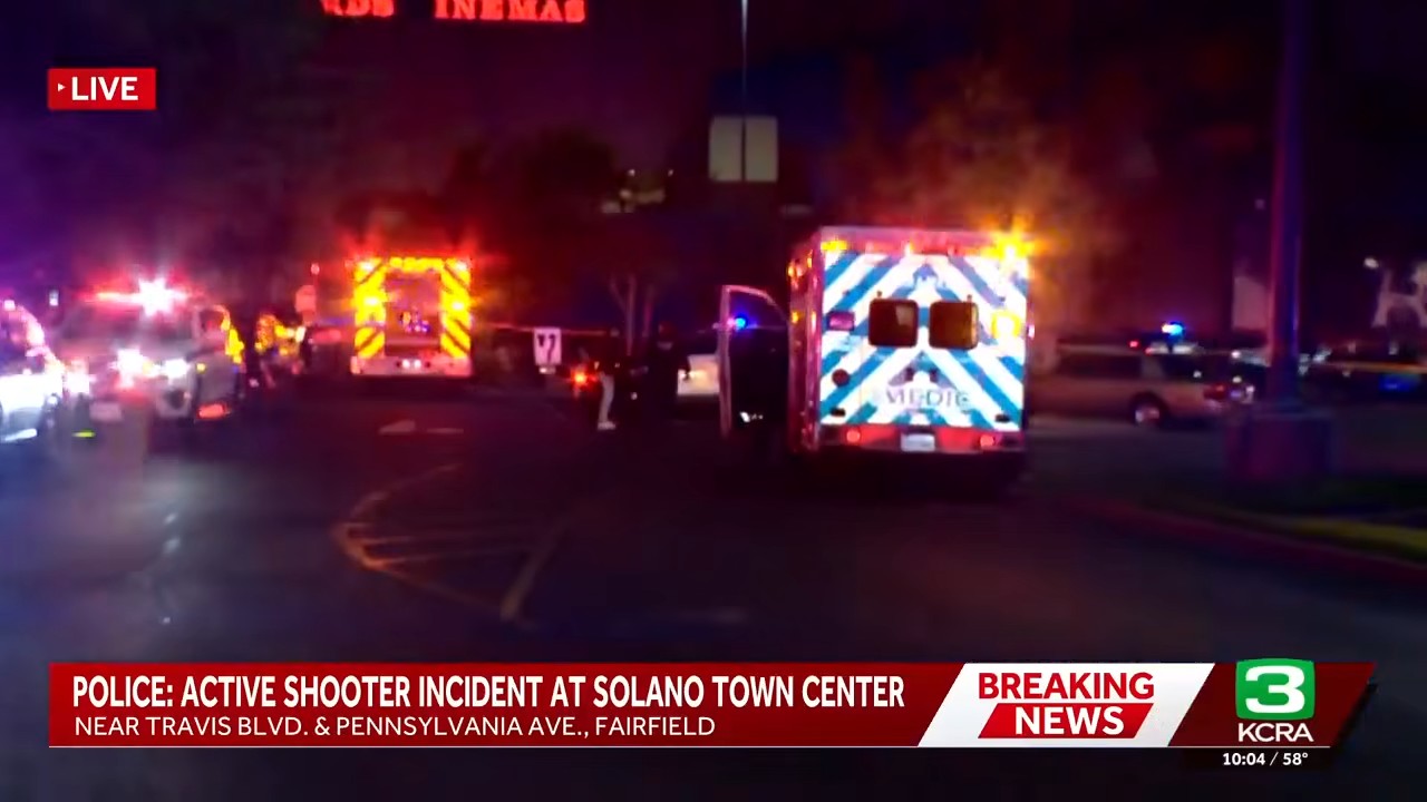 Ambulances and fire crews respond at Solano Town Center in Fairfield after the Friday night shooting