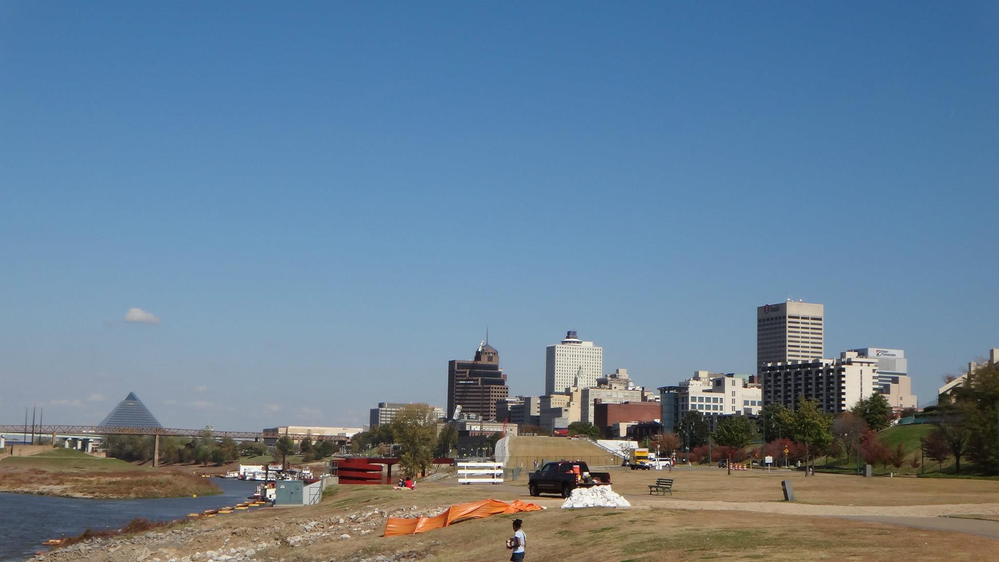 Downtown Memphis skyline in daylight seen from across the river