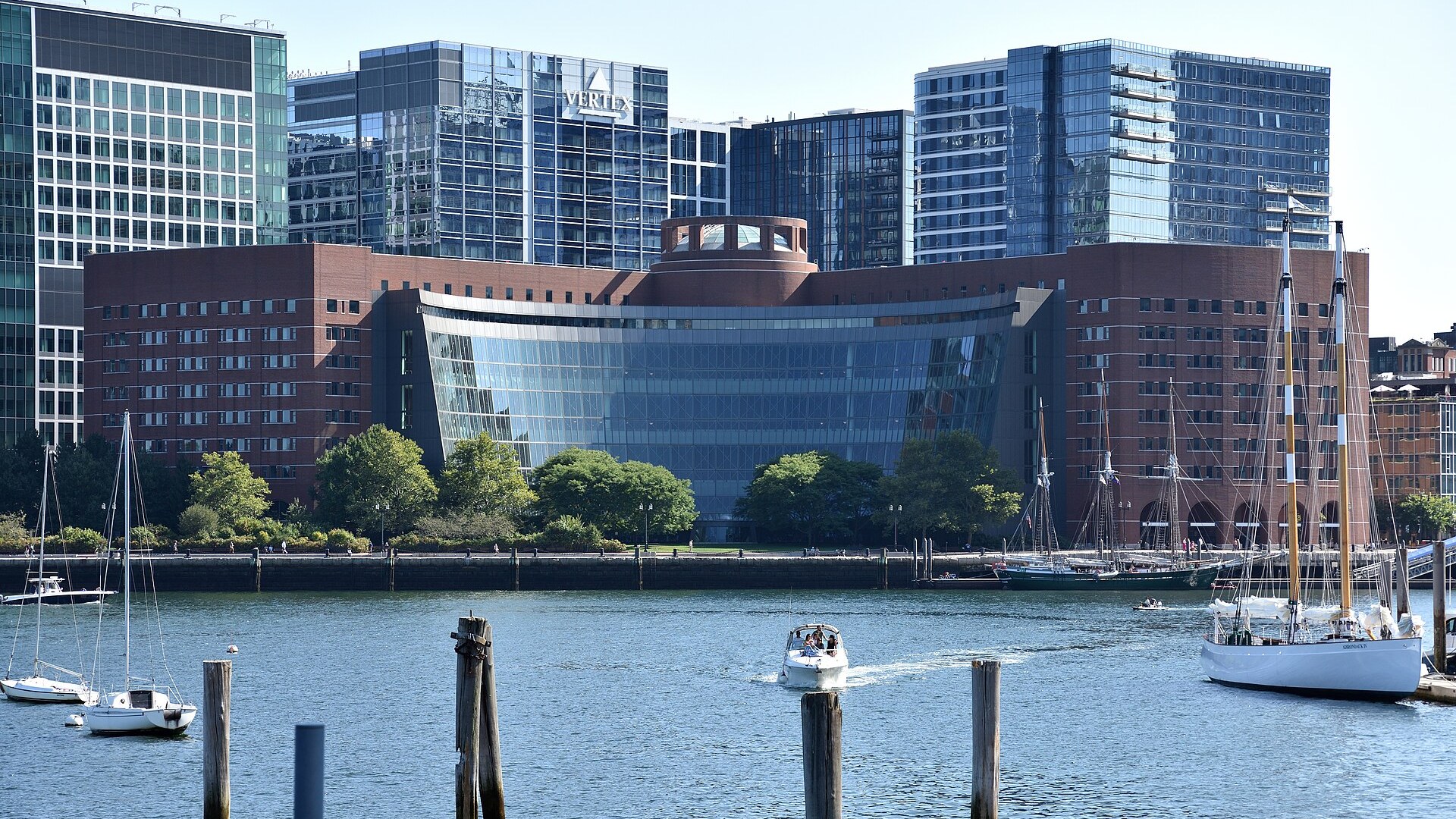The Moakley federal courthouse in Boston stands across the harbor