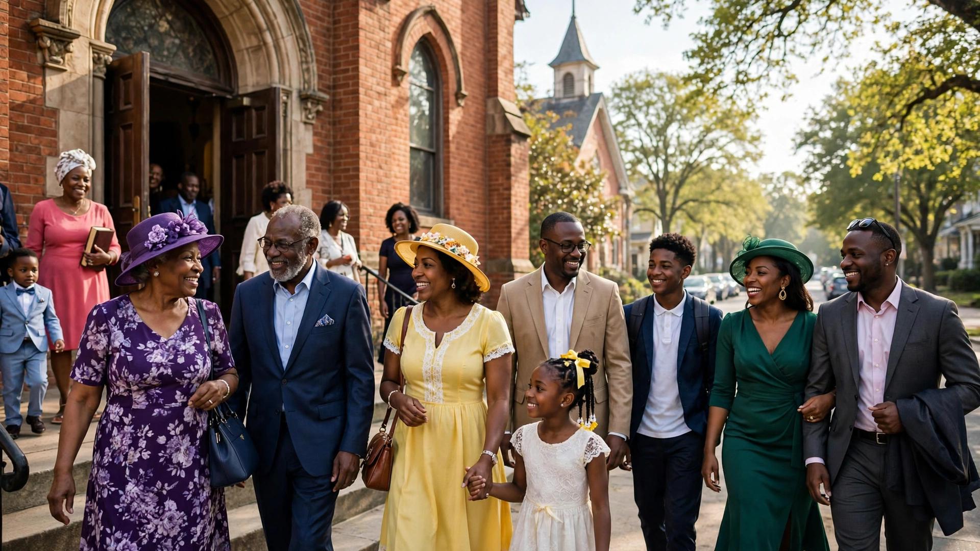 A Black church congregation in Sunday clothing walking out of church together on a bright Sunday morning