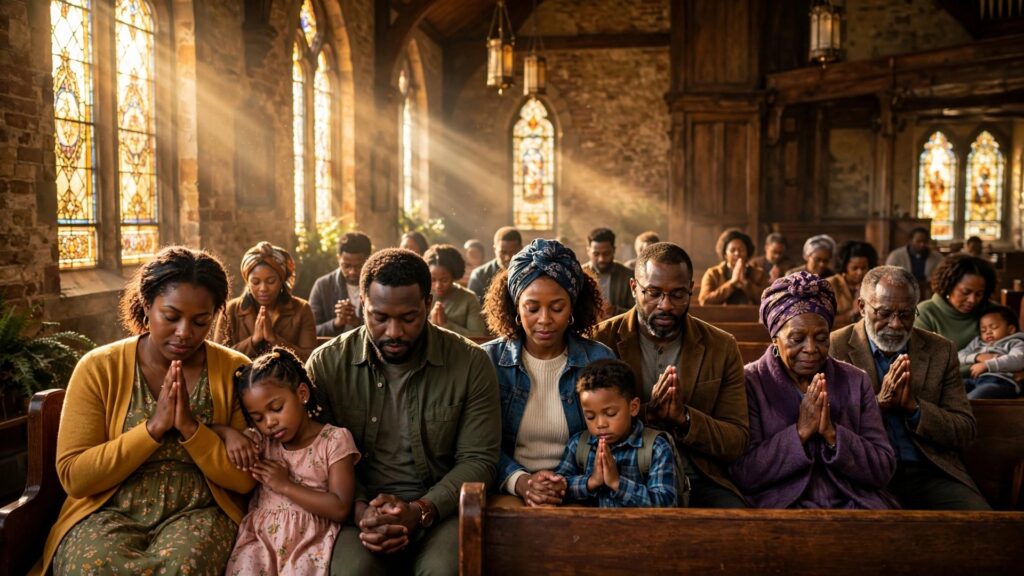 Black congregation worshiping inside a historic church filled with warm morning light