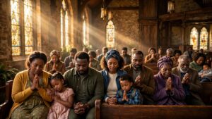 Black congregation worshiping inside a historic church filled with warm morning light