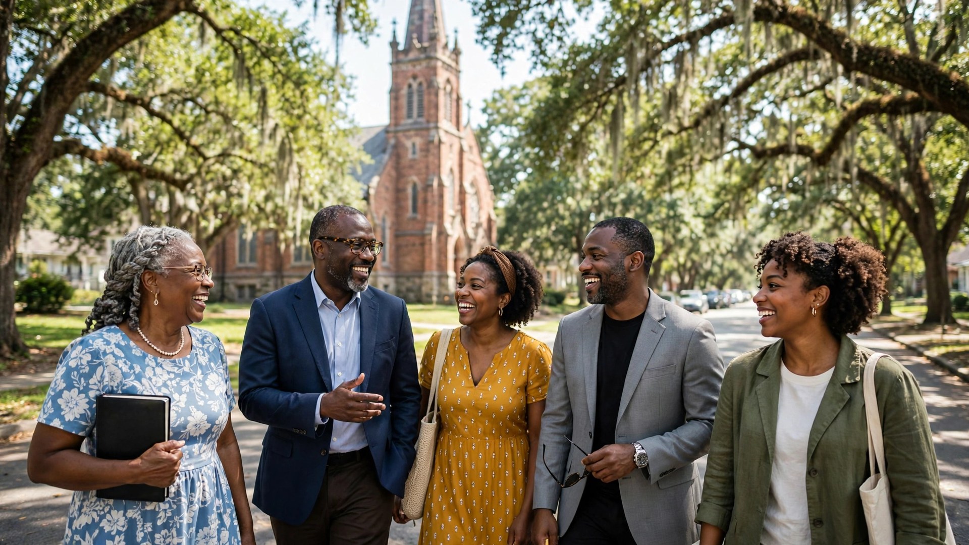 Black church members walking together on an Atlanta street after Sunday worship