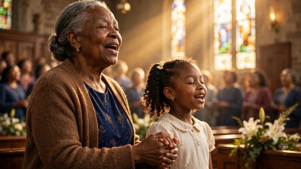 Black grandmother and granddaughter singing together inside a warm historic church