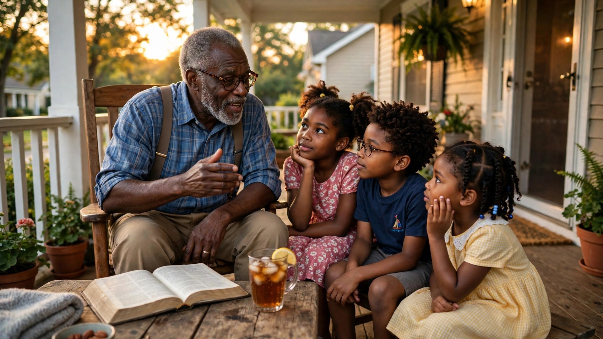 Black grandfather telling a story to attentive children on a front porch at golden hour