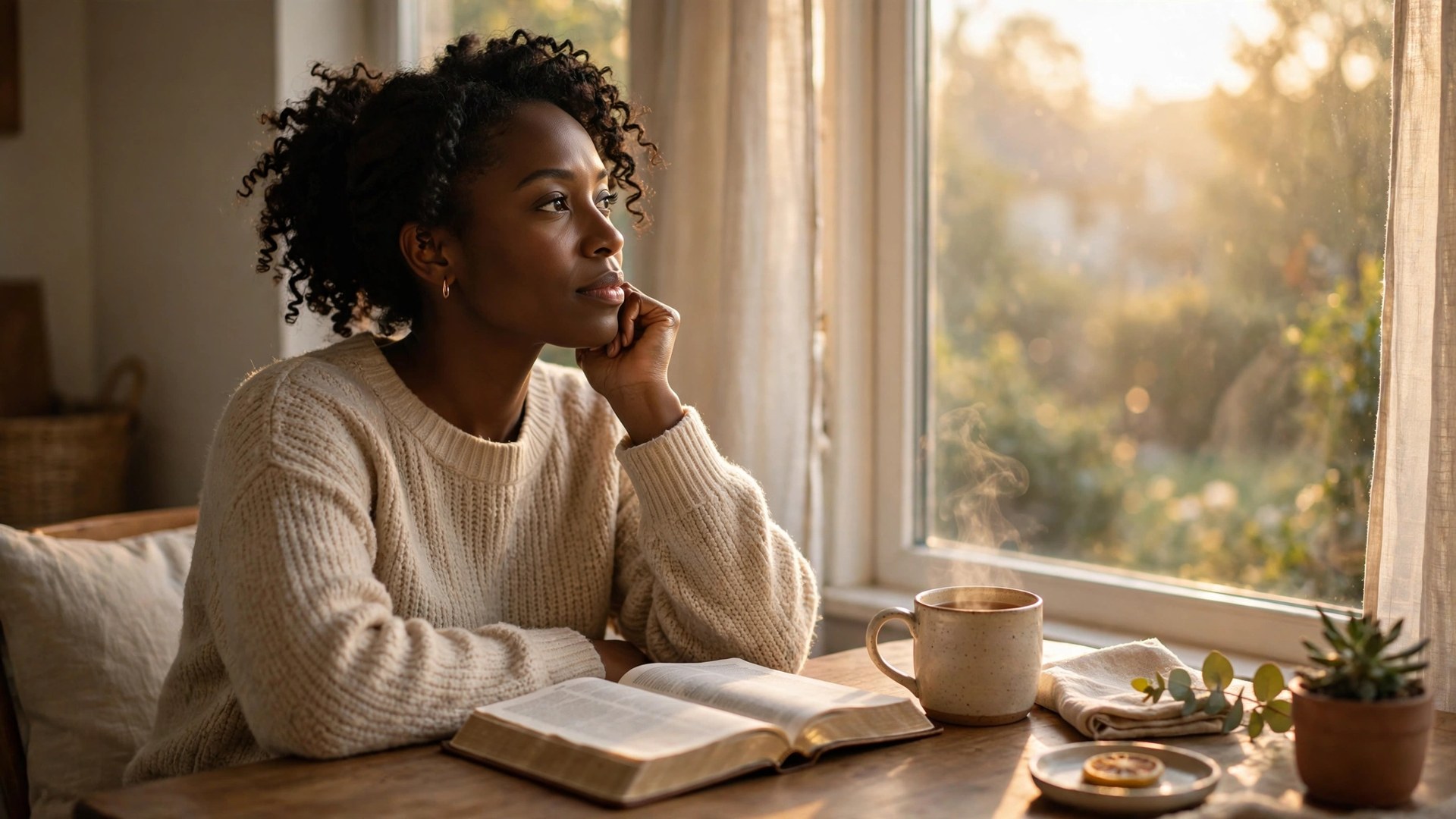 Black woman in quiet reflection at home with an open Bible in soft morning light