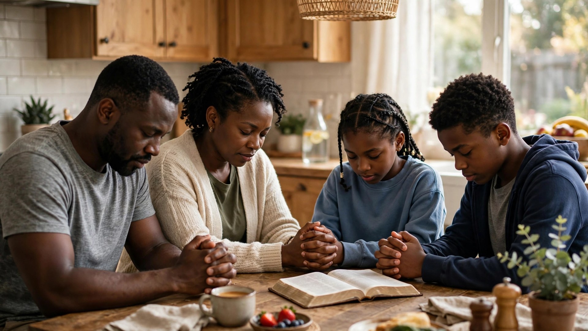 Black family praying together around a kitchen table with hands joined in soft light