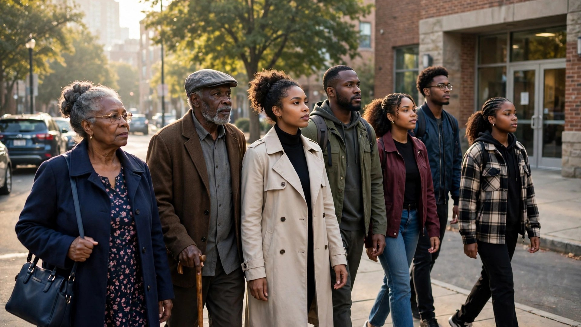 Black church members walking together with purpose on a city sidewalk after worship