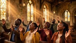 Black congregation worshiping together inside a warm historic church in morning light