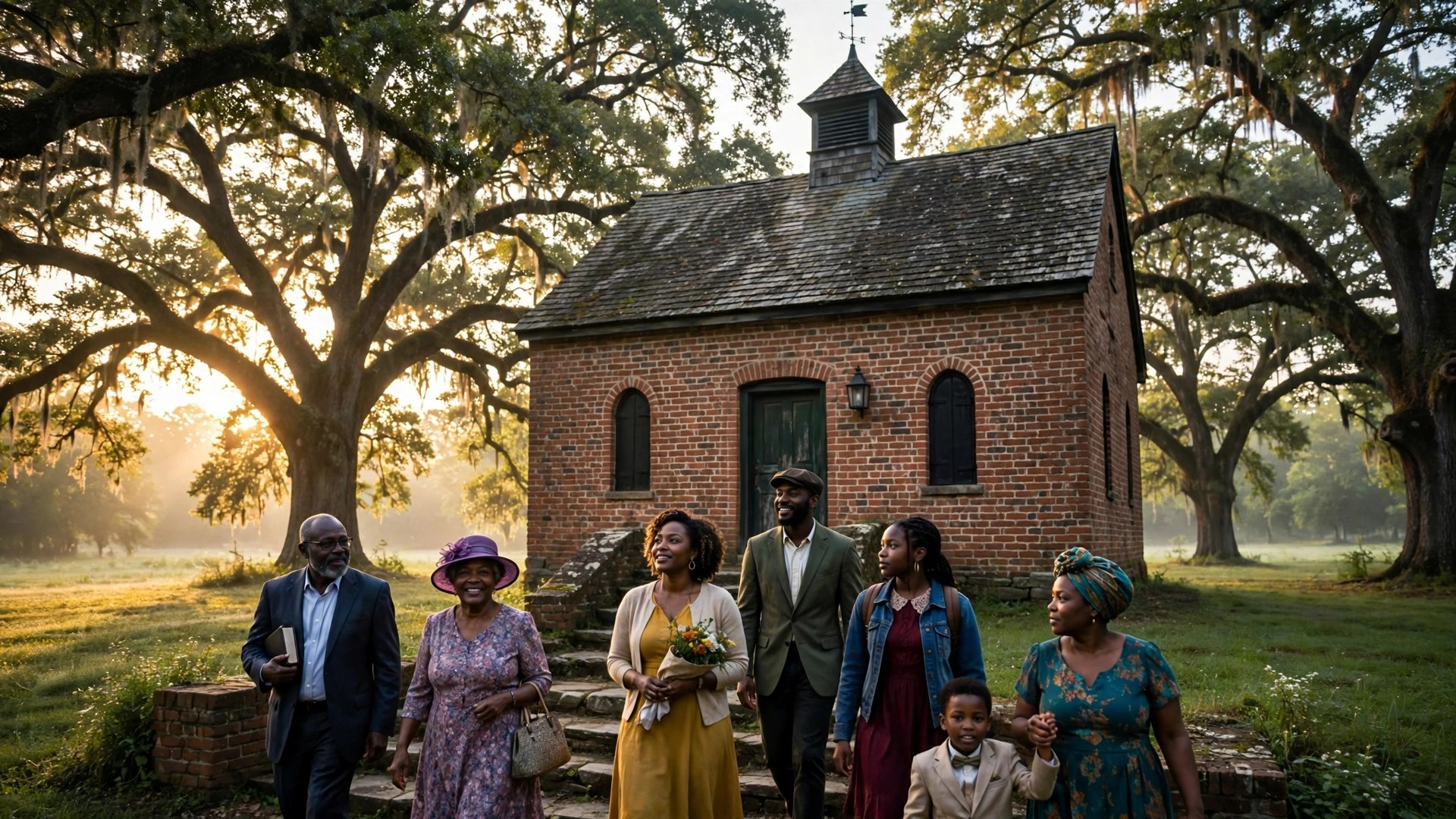 Black congregants walking up the steps of a small historic brick church at sunrise