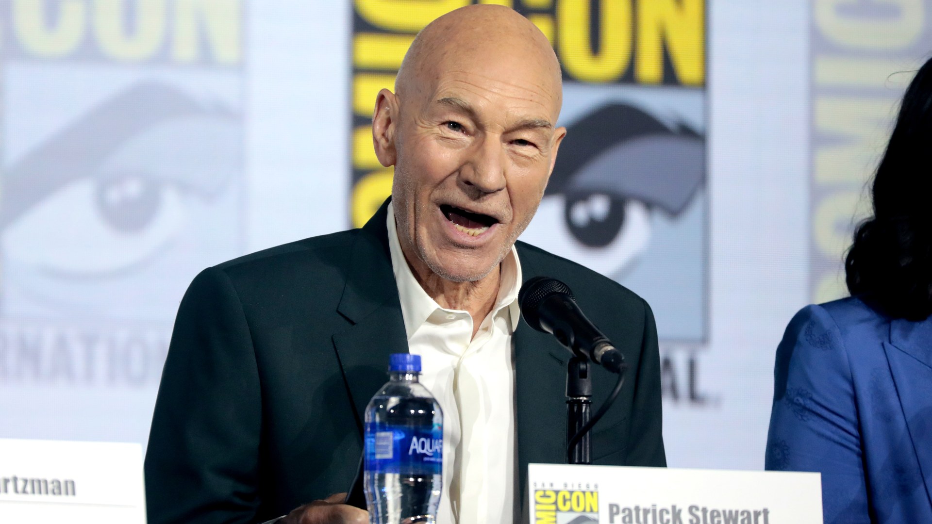 Patrick Stewart speaking on a panel at San Diego Comic Con in 2019