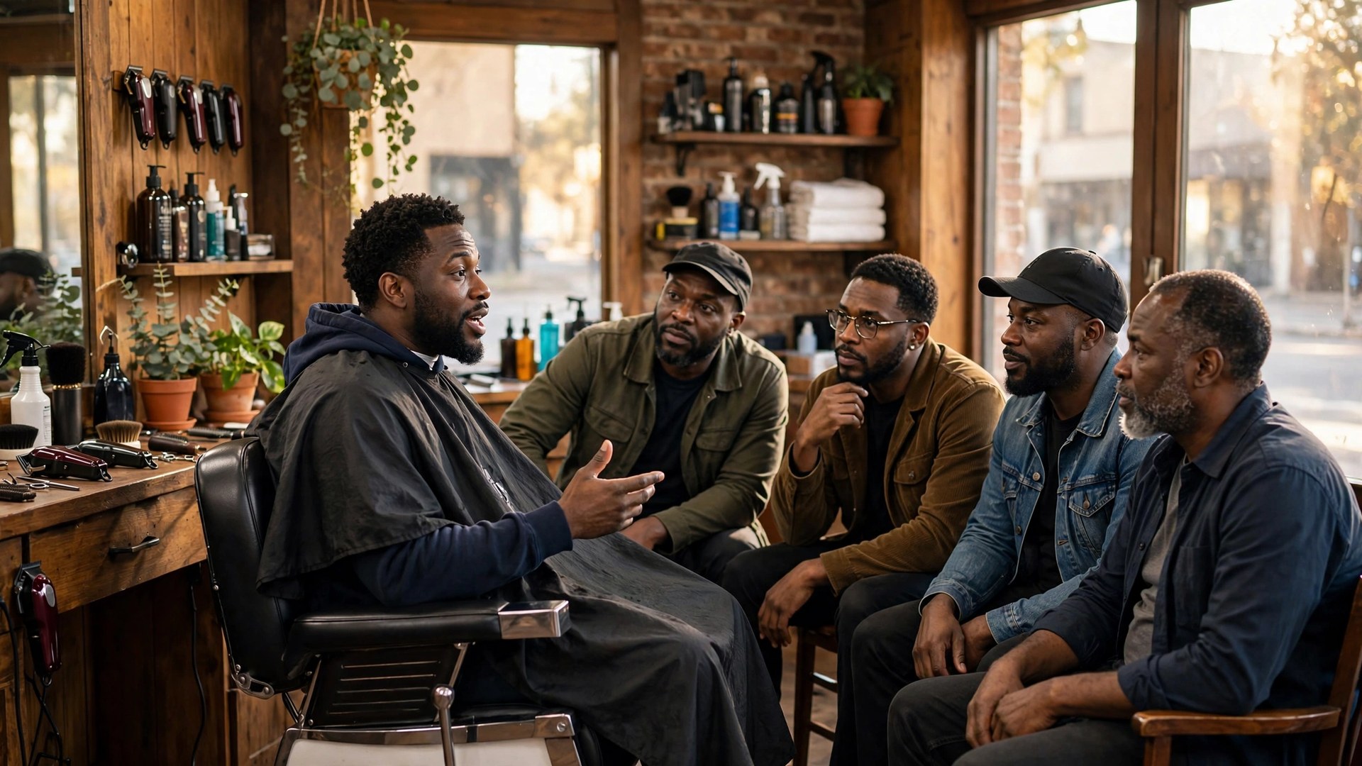Black men talking together inside a neighborhood barbershop