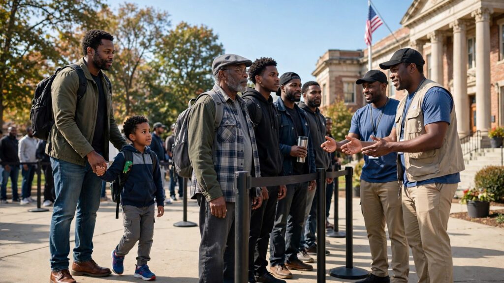 Black men and a young boy waiting in line to vote early
