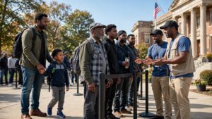 Black men and a young boy waiting in line to vote early