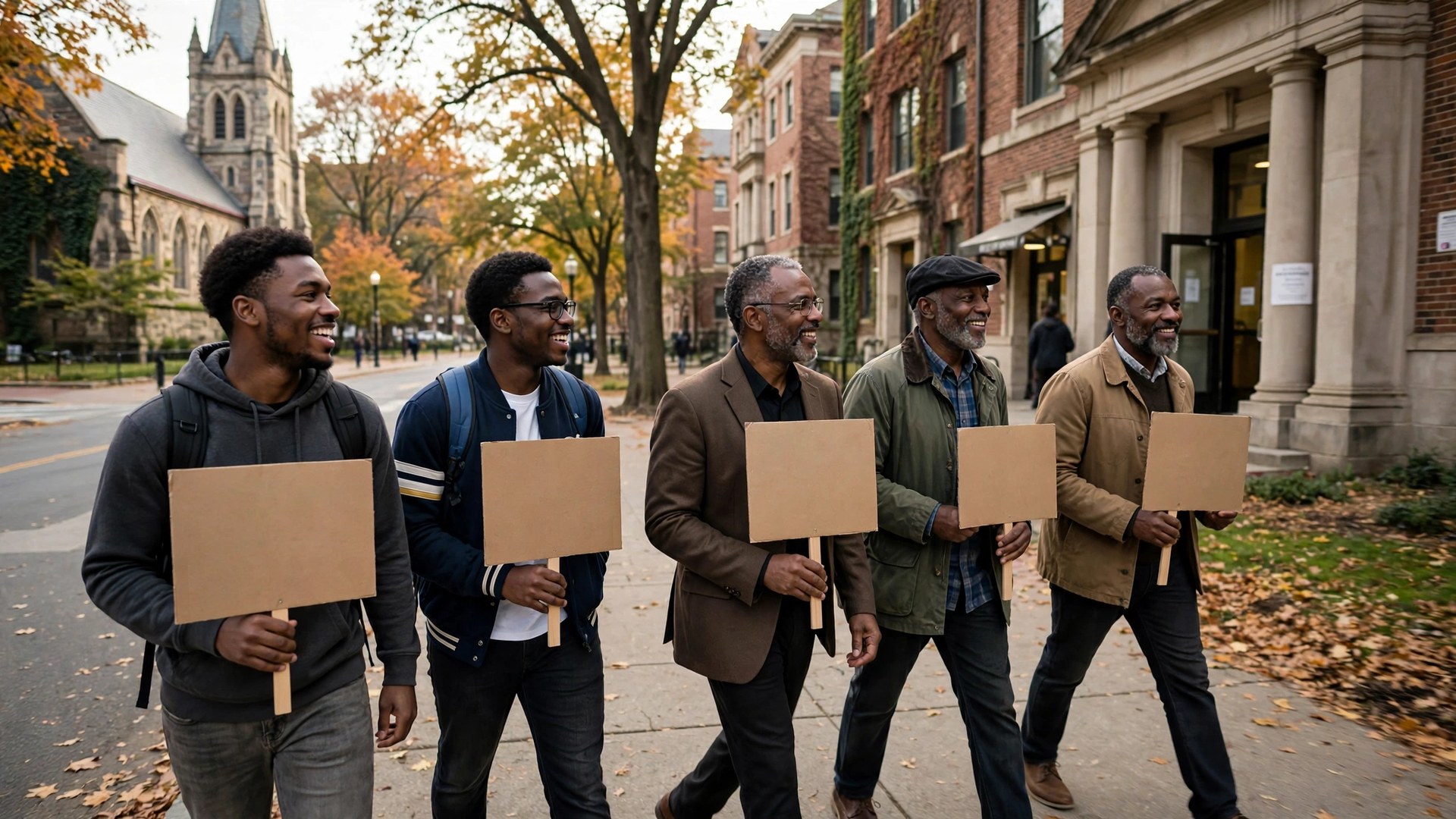 Black men and students walking together toward a polling place