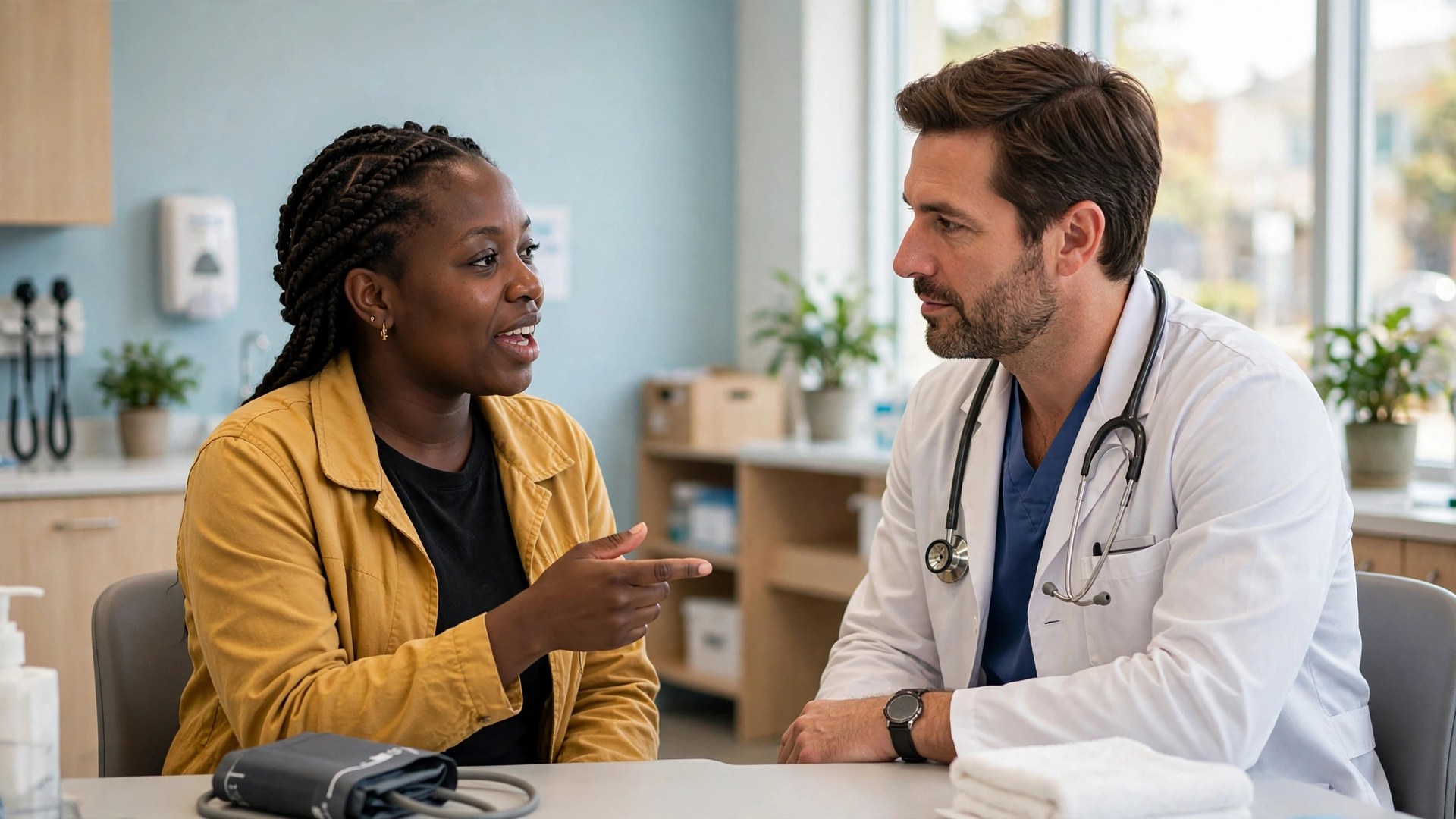 Black woman speaking with a doctor at a community health clinic
