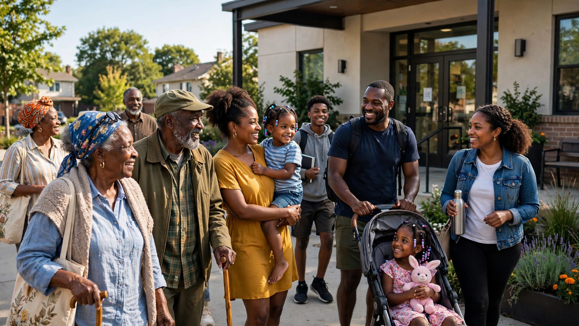 Black families and elders walking into a neighborhood health center