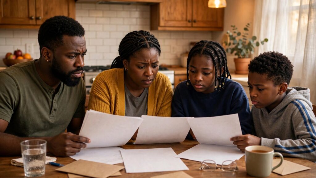 Black family reviewing medical bills at a kitchen table at home