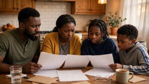 Black family reviewing medical bills at a kitchen table at home
