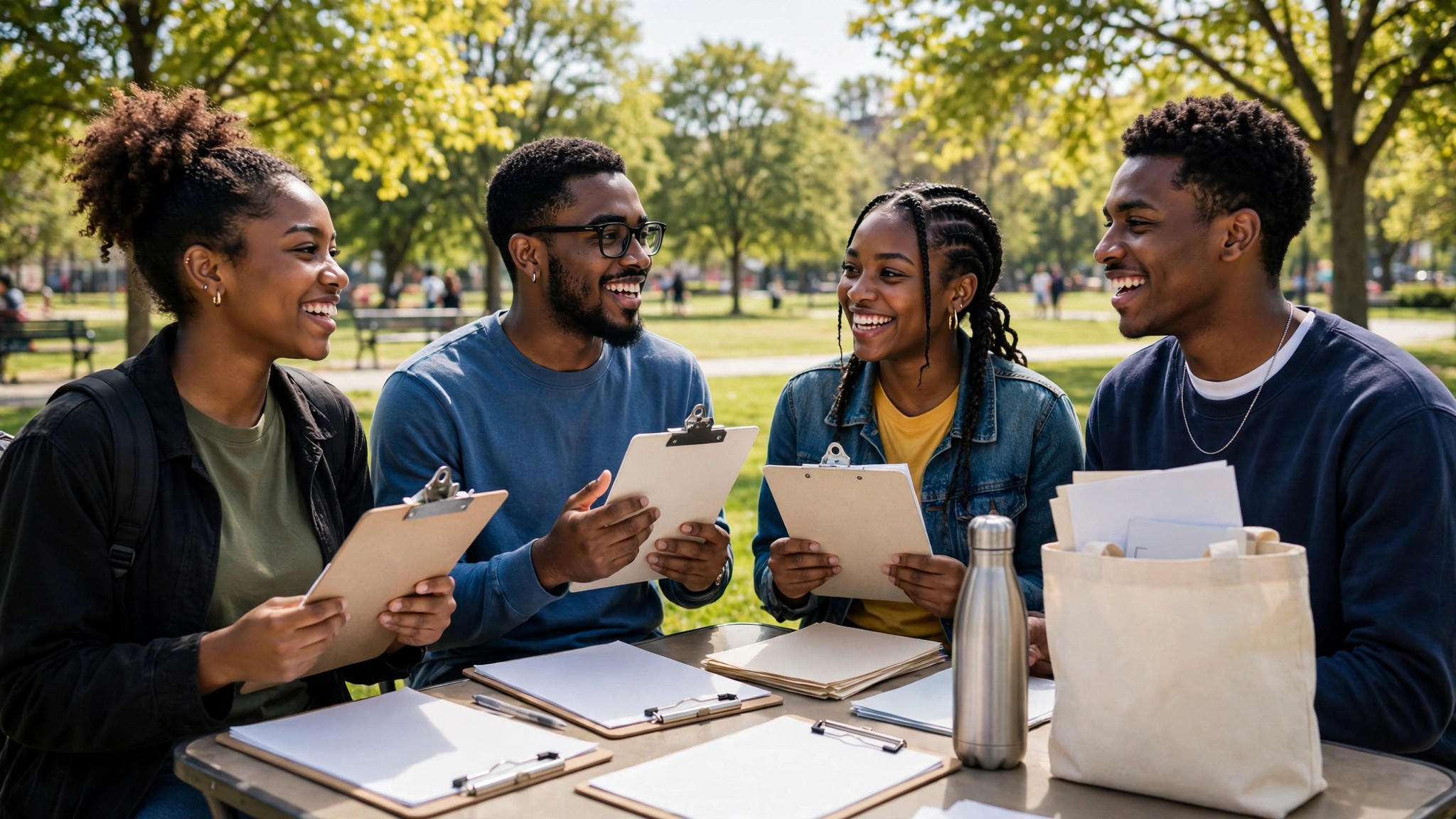 Young Black volunteers helping neighbors at an outdoor voter registration table in a community park