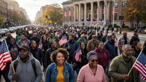Black voters marching together toward a polling place