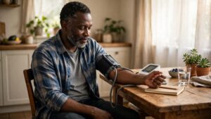 Black man checking his blood pressure at home with an upper arm cuff