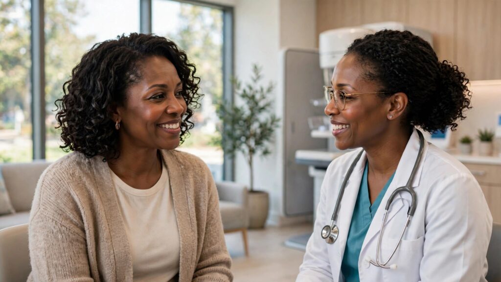 Black woman talking with a doctor in a bright screening clinic