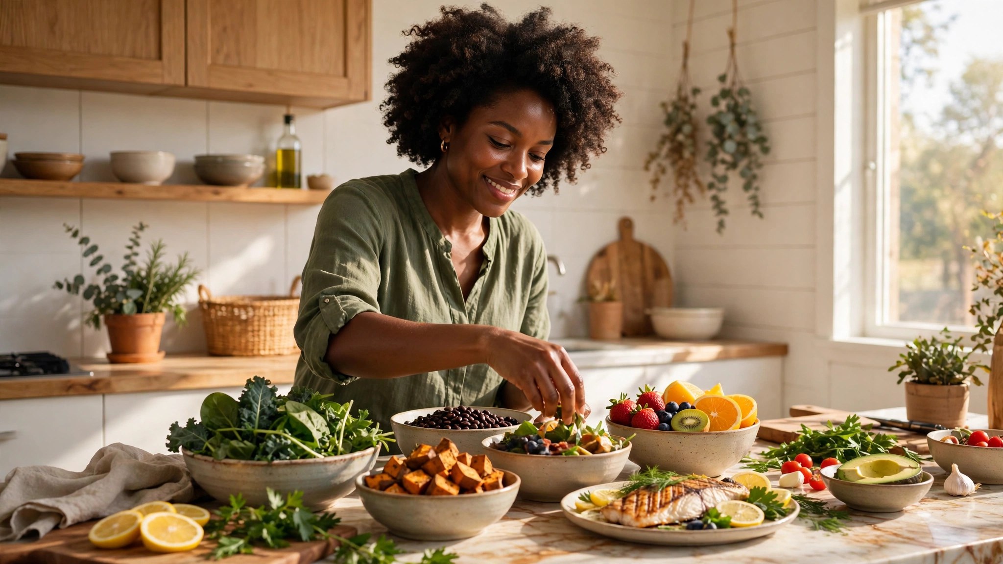 Black woman preparing a colorful healthy meal in a bright kitchen