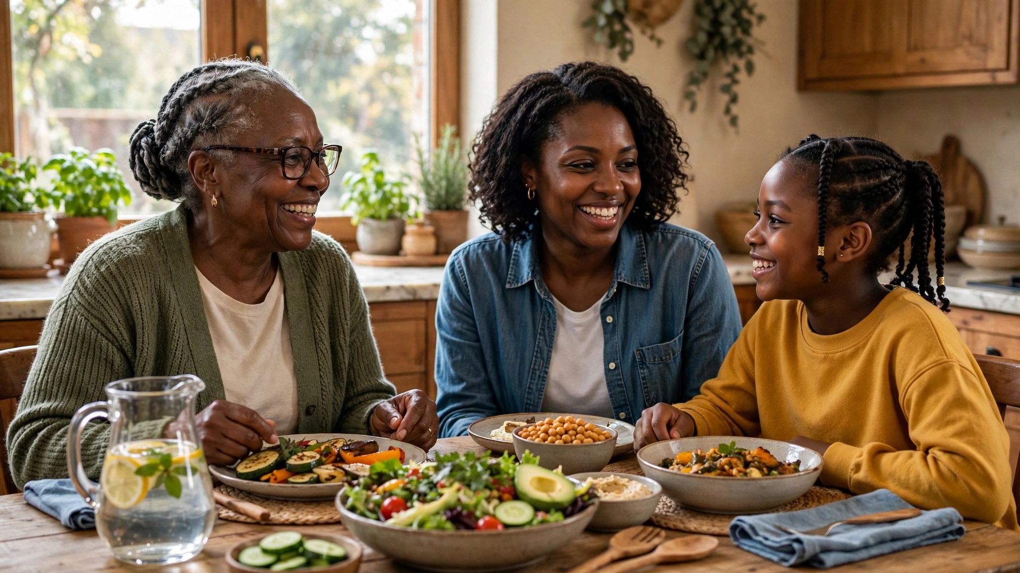 Black family sharing a healthy meal and warm talk at home