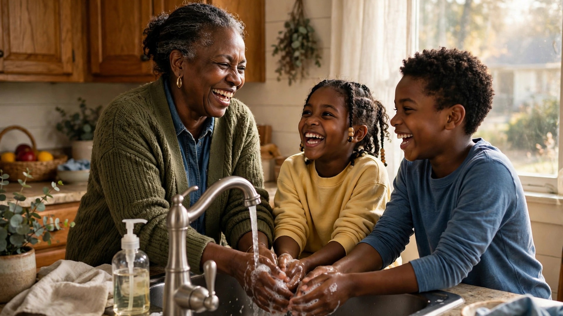 Black grandmother and children washing hands together at a kitchen sink