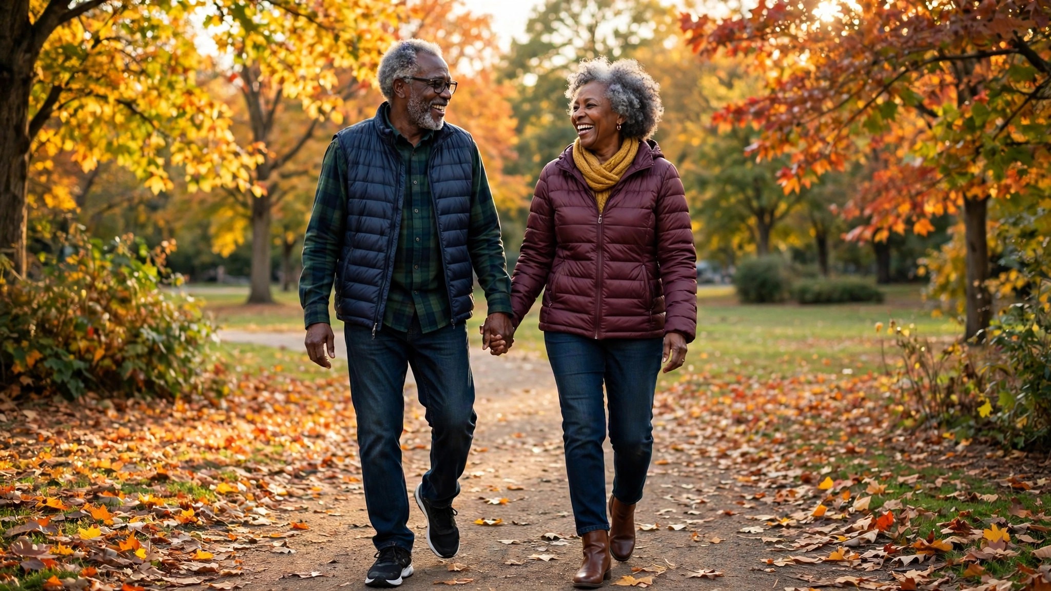 Black grandparents walking together on an autumn park path