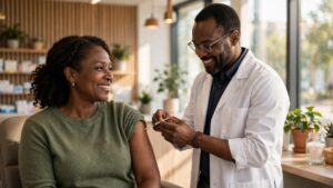 Black woman receiving a flu shot from a pharmacist in a bright clinic
