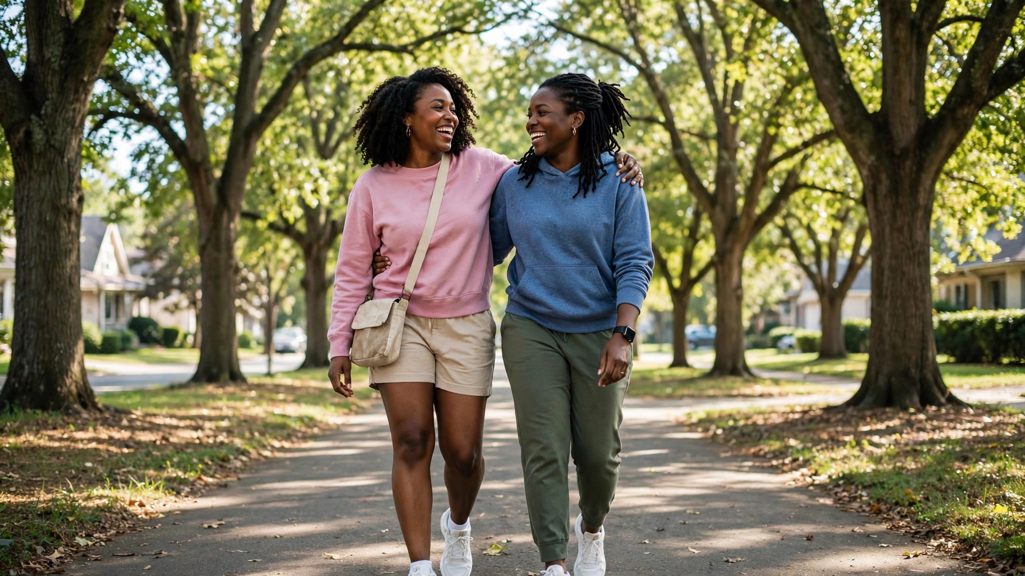Two Black women walking and laughing on a sunny neighborhood path