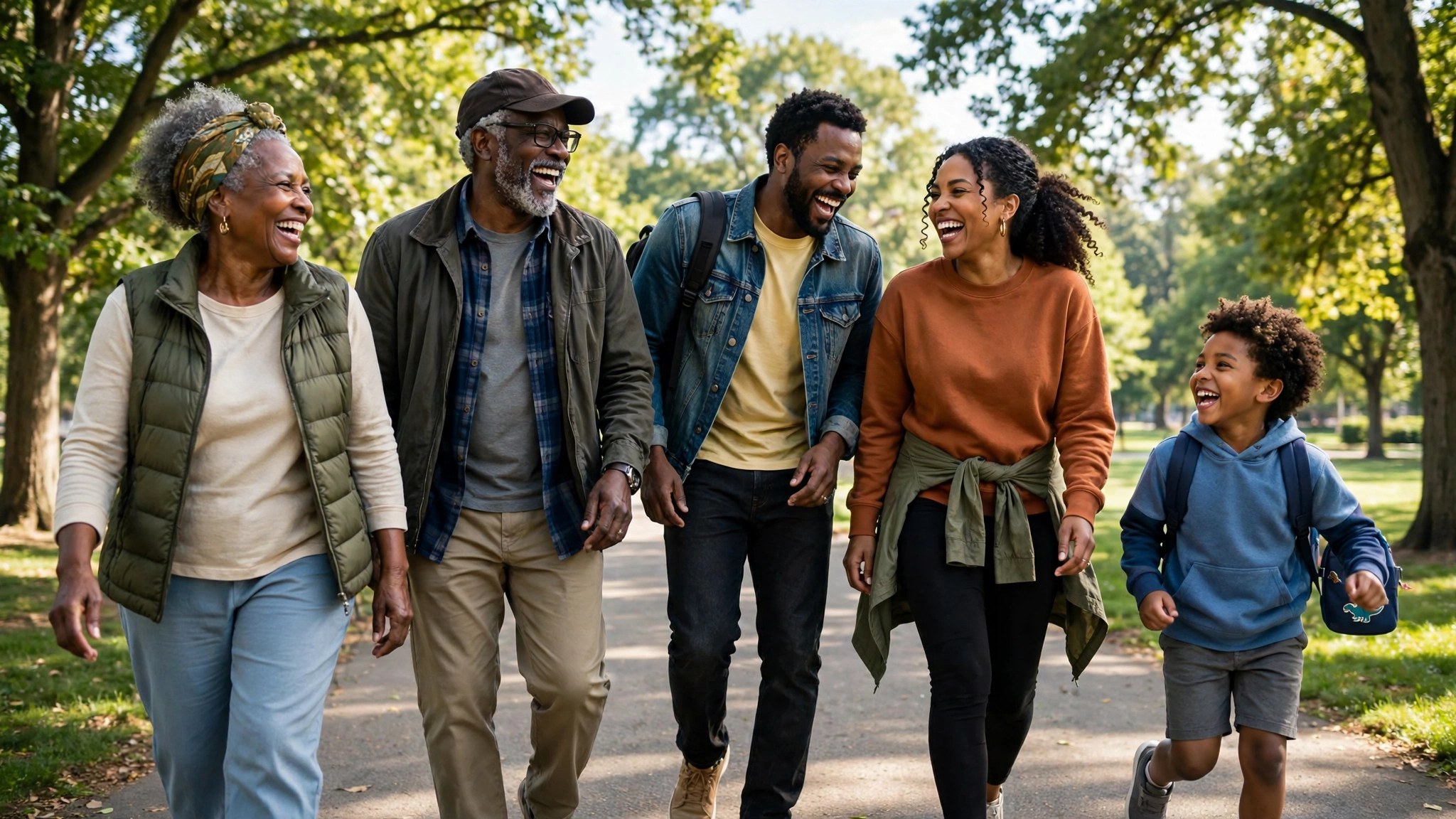 Black family walking together on a sunny park path